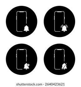 Notification bell on smartphone icon set on black circle. Alarm reminder with phone sign symbol