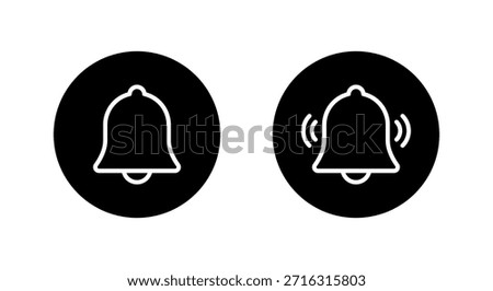 Notification bell outline icon in black circle. Reminder, alarm, notice symbol