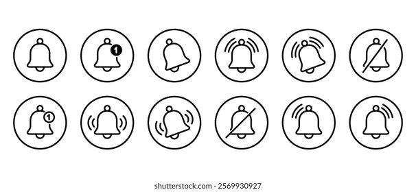 Notification bell outline icon set collection on circle line. Alert, alarm reminder sign symbol