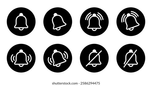 Notification bell outline icon set collection on black circle. Alarm reminder, alert sign symbol