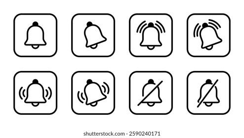 Notification bell outline icon set collection on square line. Notify, reminder sign symbol