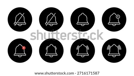 Notification bell outline icon set collection in black circle. Silent, mute, new reminder, ringing, and vibration mode symbol