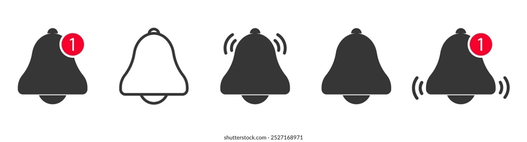 Notification bell outline icons set. Alarm and alert symbols. Incoming inbox message. Ringing bells. Vector illustration