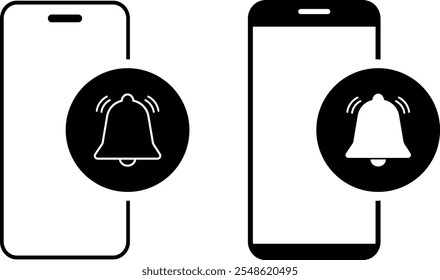 Notification bell with phone icon set. Alarm clock and smartphone. New notice sign symbol. 
