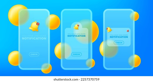 Notification bell phone screen  glassmorphic frame, template for website app.  Message glassmorphism border. 