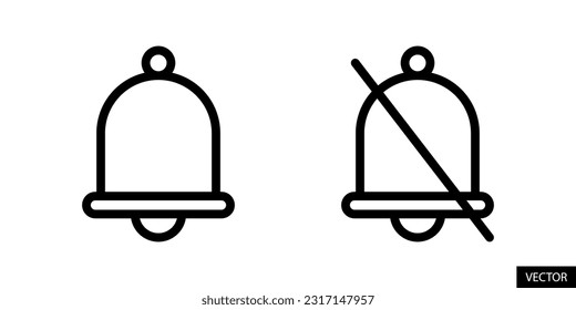 Notification bell, ring mode and notification bell slash, silent mode vector icons in line style design for website, app, UI, isolated on white background. Editable stroke. EPS 10 vector illustration.