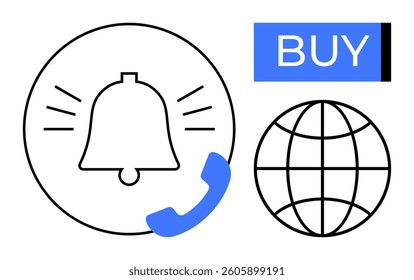 Notification bell ringing with a phone receiver, globe, and blue BUY button. Ideal for e-commerce, digital marketing, customer service, communication, online shopping, global reach, business alerts