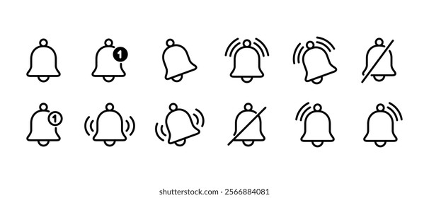 Notification bell set collection in outline style. Alert, reminder sign symbol