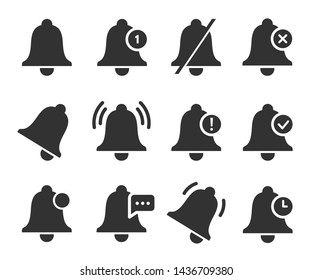 Notification bell set, sound signal element design. Ringing sound, reminder symbol. Vector bell illustration on white background.