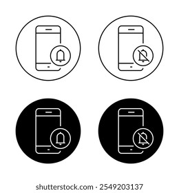 Campainha de notificação e ícone de telefone do modo silencioso no círculo preto. Símbolo de sinal de aviso de celular