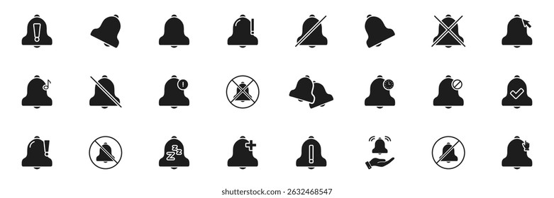 Notification Bell Solid Icon Set. Alert, Mute, Snooze, And Reminder Silhouette Symbol Collection. Various Notification States And Actions. Isolated Vector Illustration.