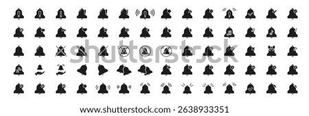 Notification Bell Solid Icon Set. Alert, Reminder, And Notification Management Silhouette Symbol Collection. Includes Variations For Settings, Messages, And Alerts. Isolated Vector Illustration.