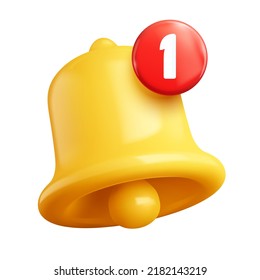 Campana de notificación. Símbolo de suscripción, campana amarilla con número de evento rojo. Icono de vector 3D del recordatorio de alarma