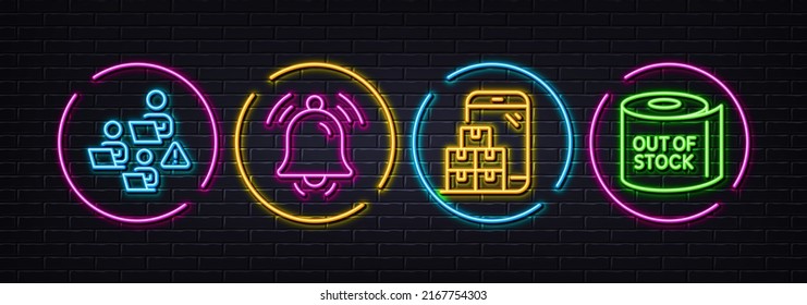 Notification bell, Teamwork and Mobile inventory minimal line icons. Neon laser 3d lights. Toilet paper icons. For web, application, printing. Notice bell, Remote work, Warehouse app. Vector