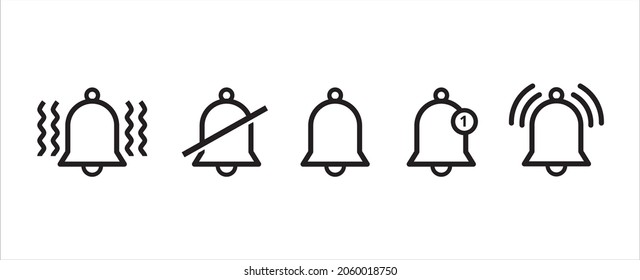 Notification bell vector icon set. Reminder icons collection. Alarm symbol illustration. Ringing bells. Alarm clock and smart phone application alert sign. New message notifier symbol.