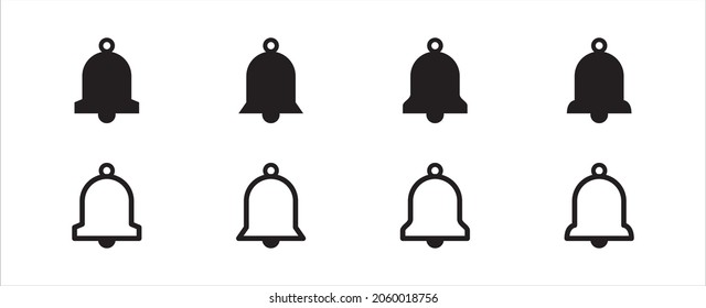 Notification bell vector icon set. Reminder icons collection. Alarm symbol illustration. Ringing bells. Alarm clock and smart phone application alert sign. New message notifier symbol.