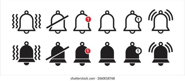 Notification bell vector icon set. Reminder icons collection. Alarm symbol illustration. Ringing bells. Alarm clock and smart phone application alert sign. New message notifier symbol.