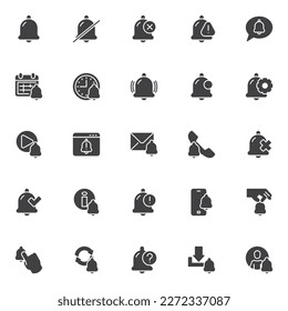 Juego de iconos vectoriales de campana de notificación, colección de símbolos sólidos modernos, paquete de pictogramas estilo relleno. Señales, ilustración del logotipo. Establecer incluye iconos como evento de calendario, silencio de sonido, mensaje de voz, aviso de interfaz de usuario