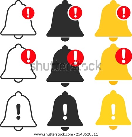 notification bell warning icon set. Warning notification bell sign. Exclamation mark with bell icon. Symbol of warning notice.
