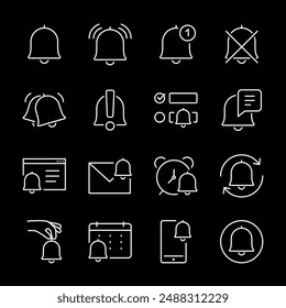 Notification bell, white line icons. Event reminders, alarm clocks, and notifications. Essential for time management visuals. Symbols on black background. Editable stroke.