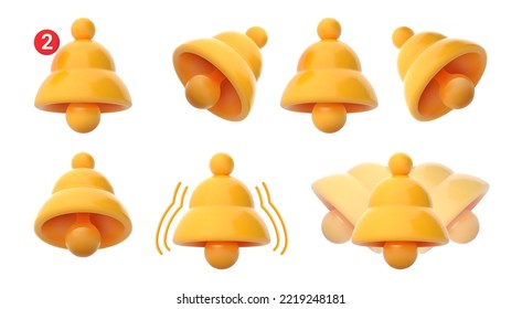 Notification bells 3D icons. Yellow bell with notifications counter, ring sound and different angles vector Illustration set of notification 3d message