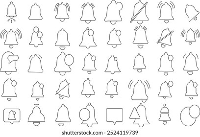 Notification bells icon set for logo and T-Shirt. Thin line art editable stroke.