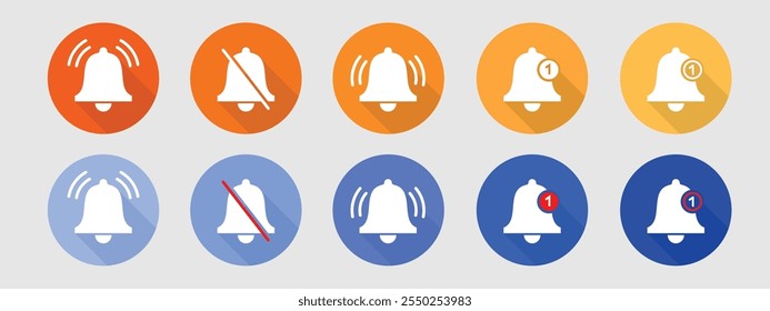 Notification bells icon set for message alert. Flat vector outline for messaging alarm reminder, simple information doorbell ui line icons.