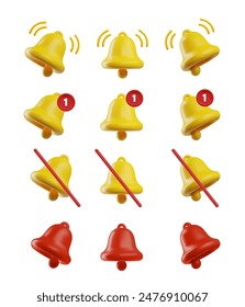 Notification bells icon set. Vector illustration of various 3D bell icons in yellow and red, with different alert styles such as ringing, message, and silenced, for app notifications or alerts.