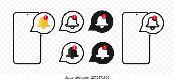 Notification bells outline UI. Push notification. SMS notification on the screen of the smartphone. Sms popup.	
