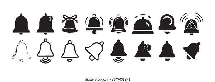 Notification bells showing different status, along with a ringing bell and notification number sign for alerts and alarms. Victor illustration eps 10
