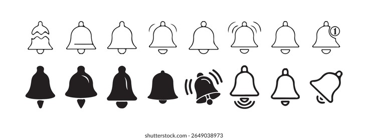 Notification bells showing different status, along with a ringing bell and notification number sign for alerts and alarms. Victor illustration eps 10