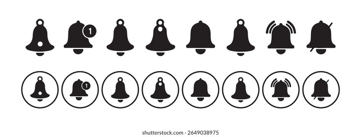 Notification bells showing different status, along with a ringing bell and notification number sign for alerts and alarms. Victor illustration eps 10