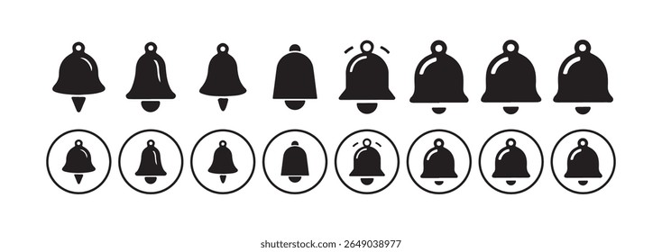 Notification bells showing different status, along with a ringing bell and notification number sign for alerts and alarms. Victor illustration eps 10