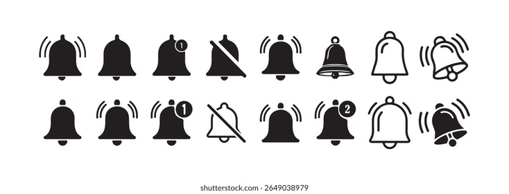 Notification bells showing different status, along with a ringing bell and notification number sign for alerts and alarms. Victor illustration eps 10