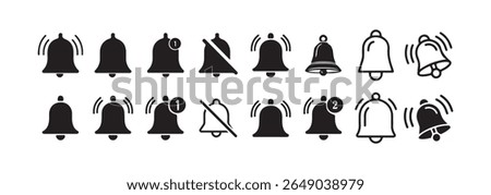 Notification bells showing different status, along with a ringing bell and notification number sign for alerts and alarms. Victor illustration eps 10
