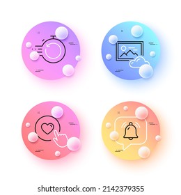 Burbuja de notificación, recuperación rápida y iconos de línea mínimos del botón Me gusta. botones de esferas o bolas 3d. Iconos de la nube de fotos. Para web, aplicación, impresión. Bell, cronómetro de respaldo, apretar el amor. Centro de imágenes. Vector