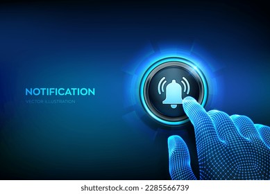 Notification button. Notification message icon. Alarm, alert symbol. Closeup finger about to press a button with bell sign. Vector illustration.