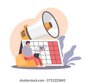 Notificación de la fecha límite del evento de calendario para la finalización del proyecto. Grande agenda de escritorio con número en círculo, planificación y recordatorios de programación Vector de dibujos animados estilo plano concepto de anuncios aislados