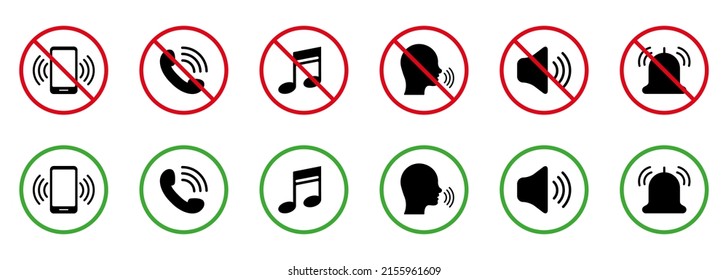 Notification Call Black Silhouette Icon Set. Silence Mute Zone Red Forbidden Round Sign. Use Phone Speak Loud Allowed Area Green Symbol. Warning Ban Noise Rule. Isolated Vector Illustration.