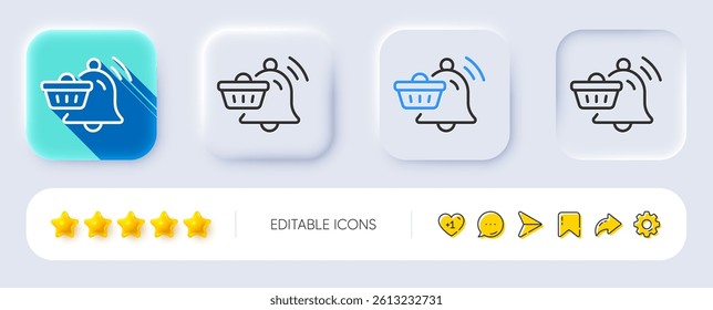 Notification cart line icon. Neumorphic, Flat shadow, 3d buttons. Bell alarm reminder sign. Shopping message symbol. Line notification cart icon. Social media icons. Vector
