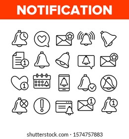 Notification Collection Elements Icons Set Vector Thin Line. Ring Bell And Mail Message, Document File And Calendar Notification Concept Linear Pictograms. Monochrome Contour Illustrations