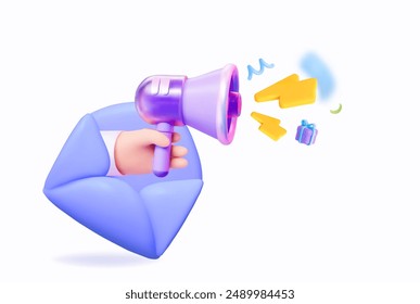 Notification or communication about an upcoming promotion or invitation. A creative illustration featuring an open envelope and a megaphone. 3D vector illustration.