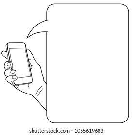 notification concept. human hand with mobile phone, phone in his hand, empty footnote for the message text. Vector illustration.