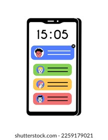 Notification design for smartphone. Messages in social networks and instant messengers, SMS. User avatar and text. Template, layout and mock up. Cartoon flat vector illustration