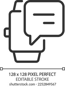 Notification from digital watch pixel perfect linear icon. Chat bubble over hand with device. Online communication. Thin line illustration. Contour symbol. Vector outline drawing. Editable stroke