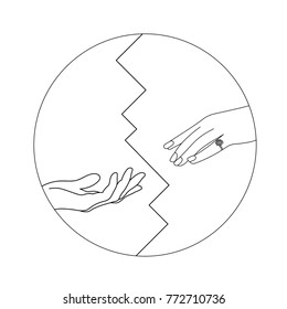Notification of divorce concept. Ripped paper with man and woman silhouettes of hand symbolizing divorced couple.Vector available. Yin Yang symbol outline isolated