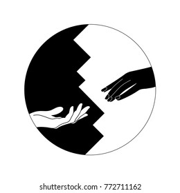 Notification of divorce concept. Ripped paper with man and woman silhouettes of hand symbolizing divorced couple.Vector available. Yin Yang symbol black and white isolated