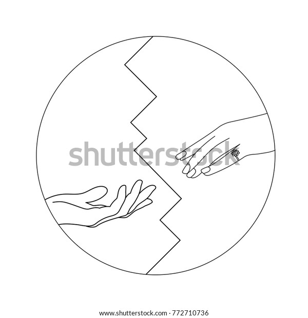 Notification of divorce concept. Ripped\
paper with man and woman silhouettes of hand symbolizing divorced\
couple.Vector available. Yin Yang symbol outline\
isolated