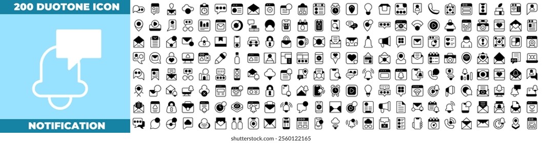 Notification Duotone Editable Icons set. Vector illustration in modern thin duotone style of notification icons:  Alarm symbol, Incoming message. Bell for subscribe, etc