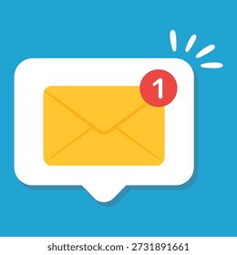 Notification email icon with one unread message alert on blue background icon